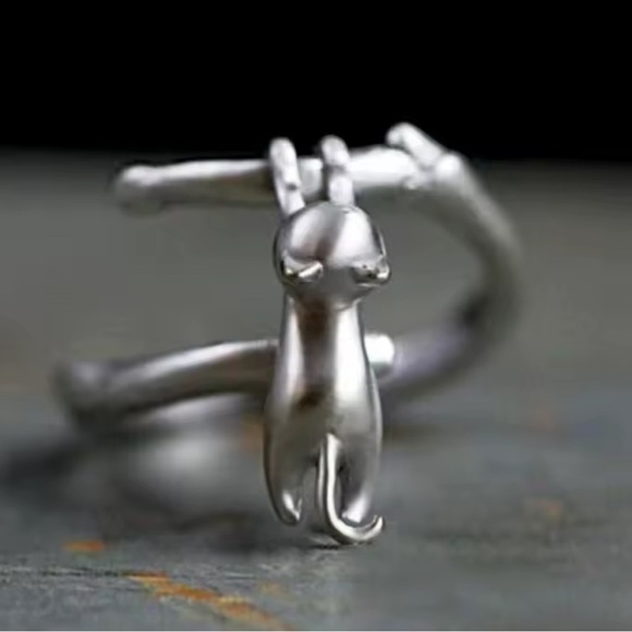 Cat Silver Hanging Ring – Adjustable Silver Animal Lover Jewelry - Picture 2 of 9